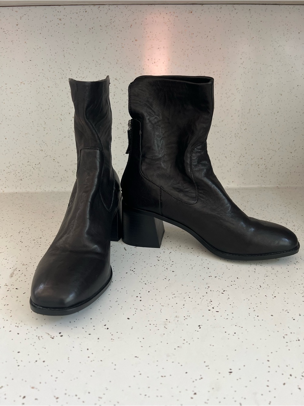 Kelsi Dagger Black Leather Mid Block Heel Ankle Boots